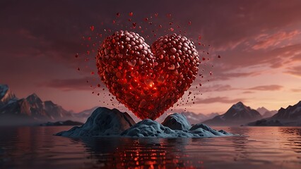 Vibrant fireworks erupt over a calm lake and sea as a golden sunset glows across the horizon