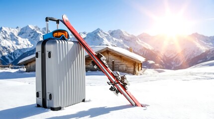 A silver suitcase leans against skis and goggles in a snowy alpine landscape with distant mountain cabins high quality