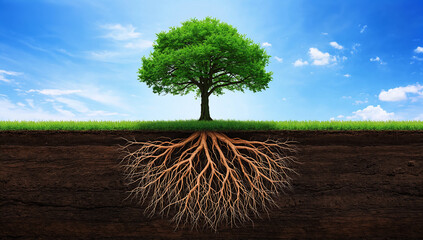 A healthy tree with roots visible under the soil, symbolizing strength, life force, and connection to the earth