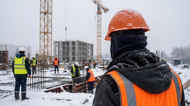 A construction worker wearing an orange helmet views a building site during a snowy winter day with cranes visible