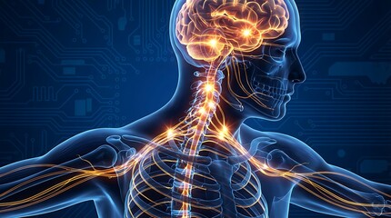 A detailed illustration of the human brain spinal cord and nervous system overlaid with digital circuitry patterns showcasing neural connections