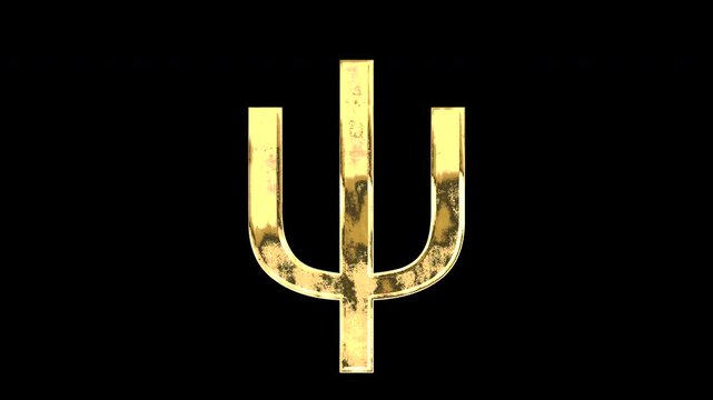 Gold Greek lowercase alphabet &ldquo;&psi;&rdquo;, light reflecting and patterns shifting, alpha channel