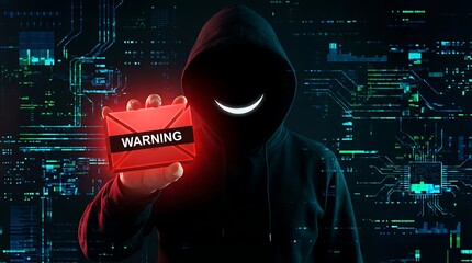 A shadowy hooded figure presents a glowing warning sign emphasizing digital threats and the anonymity of cybercrime against a technological backdrop