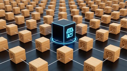 A digital representation of a network consisting of many wooden blocks one highlighted in blue symbolizes connectivity and data flow