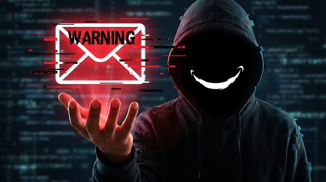 A hooded figure presents a glowing warning sign resembling an email indicating potential cyber threats and digital security risks - Powered by Adobe