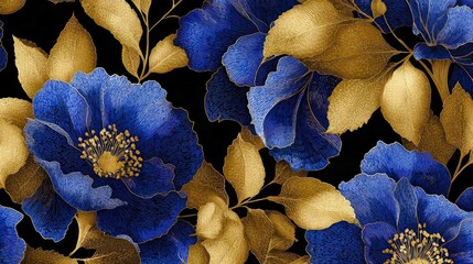 Elegant seamless floral pattern with large blue flowers and golden leaves on black background