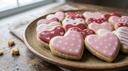 Heart-shaped cookie with pink and red icing on a rustic plate. Sweet treat and dessert for Valentines Day or wedding anniversary. Love and celebration concept.