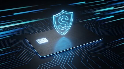 A glowing blue shield hovers above a black credit card symbolizing digital security and financial protection in a tech environment