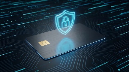 A glowing shield with a padlock symbol hovers over a credit card representing digital security and financial protection in a tech environment