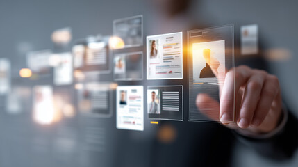 hand touching digital employee profile for hiring and recruitment job