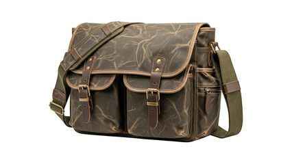 Brown leather messenger bag with flap and buckle closure isolated on transparent background