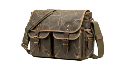 Brown leather messenger bag with flap and buckle closure isolated on transparent background