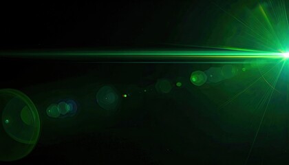 Bright green light flare with multiple circular lens effects on dark background
