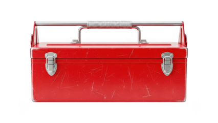 Vintage red metal toolbox with silver hardware and handle on top isolated on transparent background