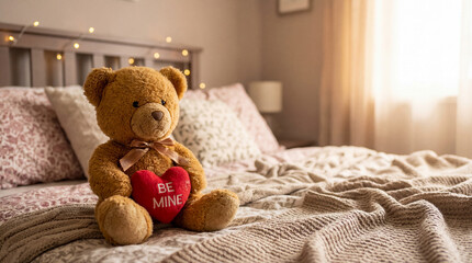Teddy bear with a red heart with be mine text on a bed. Romantic gift for Valentines Day or anniversary. Love, comfort, and soft toy concept.