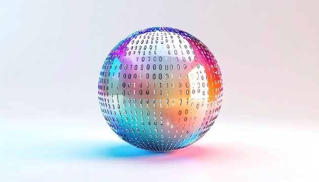 Holographic sphere with embedded binary code, colorful reflection - Powered by Adobe