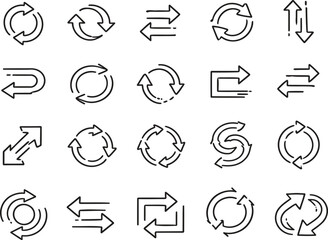 Diverse Arrow Icon Set: A comprehensive collection of various arrow icons, illustrating direction, transitions, and loops, ready for seamless integration into various designs.