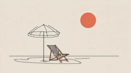 Fototapeta premium Minimalist tropical beach illustration with lounge chair under striped umbrella at sunset