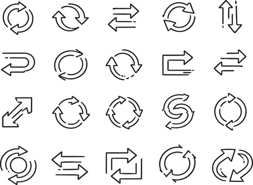 Diverse Arrow Icon Set: A comprehensive collection of various arrow icons, illustrating direction, transitions, and loops, ready for seamless integration into various designs.