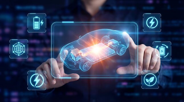 A person interacts with a holographic display of an electric vehicle highlighting battery technology and sustainable transportation solutions - Powered by Adobe