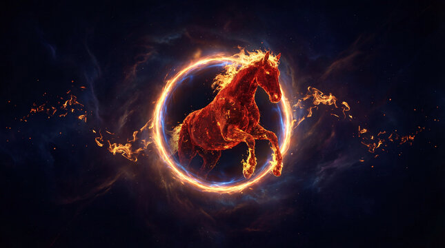 Fiery horse engulfed in flames and surrounded by a glowing energy ring, concept of power, energy, magic, and mystical journey.