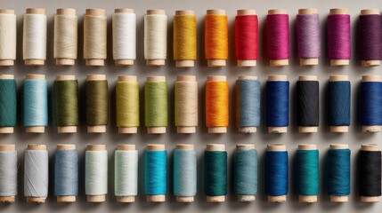 Colorful Wooden Thread Spools Arranged in Grid Pattern, Fifty Shades of Sewing Threads for Textile Crafts