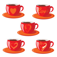 Valentine's Day Cup Set. Vector illustration of red cups with hot drinks featuring Valentine's Day symbols. Romantic holiday mood with holiday elements.
