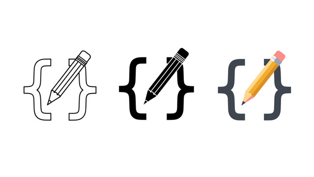 Pencil icon set with code brackets Vector