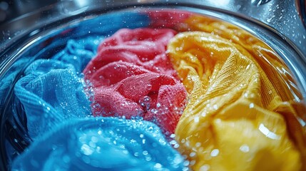 Close-up of colorful fabrics tumbling in a washing machine filled with water and bubbles