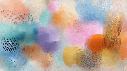 An abstract watercolor painting featuring soft pastel hues and organic shapes.  The composition includes blended color washes, textured brushstrokes, and scattered dots