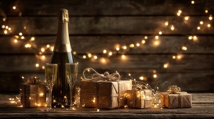 Festive Celebration Setup with Champagne, Flutes, Gift Boxes, and String Lights on Rustic Wooden Background