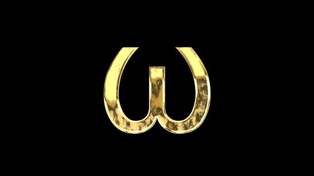 Gold Greek lowercase alphabet &ldquo;&omega;&rdquo;, light reflecting and patterns shifting, alpha channel