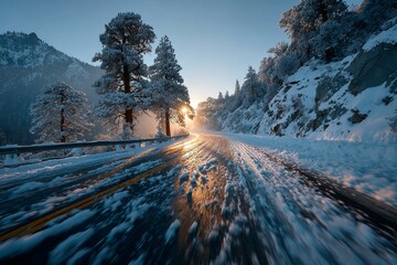 Banner of a scenic snowy road cutting through evergreen forests. Generative AI