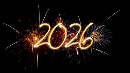 2026 in sparkler font and firework fireworks 
