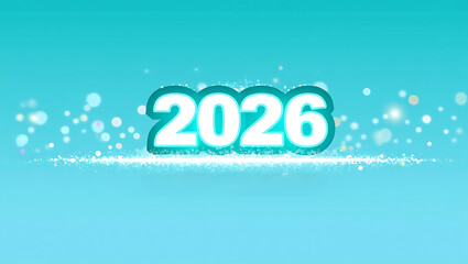 Vibrant Turquoise 2026 Numbers with Glowing Edges and Sparkling Bokeh on Bright Blue Background