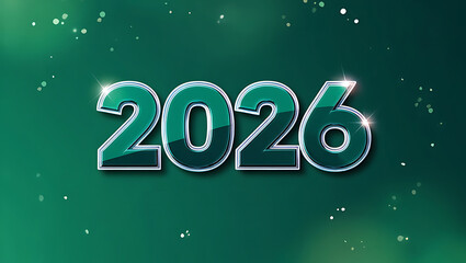 Shiny Metallic 2026 Numbers with Glowing Edges and Particle Sparkles on Teal Green Background 
