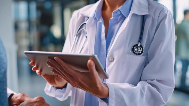 Doctor with tablet discussing preventive health program and care plan with patient clinic . stethoscope, compassionate professional guidance