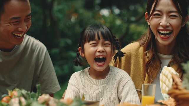 Family outdoor picnic laughing family and joyful parents with child sharing healthy meal. preventive health program fosters bonding, wellbeing