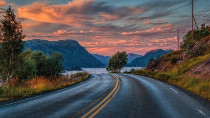 Scenic coastal road curving through a mountainous landscape at sunset, with vibrant pink and orange hues in the sky reflecting on the water
