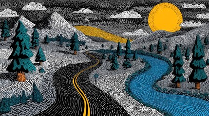 A stylized landscape painting features a winding road and river, set against a backdrop of mountains and a 