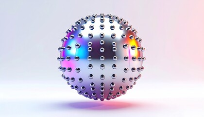 Shiny, studded sphere reflects rainbow hues against a gradient backdrop