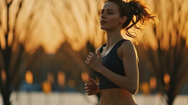 Young woman jogging sunrise urban park fitness exercise running preventive health program promoting active lifestyle wellbeing with golden light