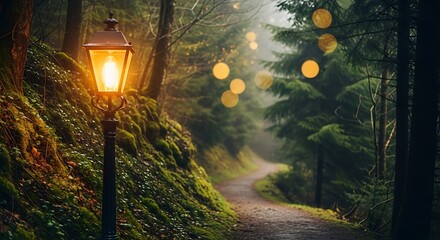 Enchanted forest path illuminated by vintage lamp and soft lights