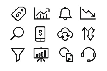 Business and finance icon set: analytics charts, cloud sync, communication tools