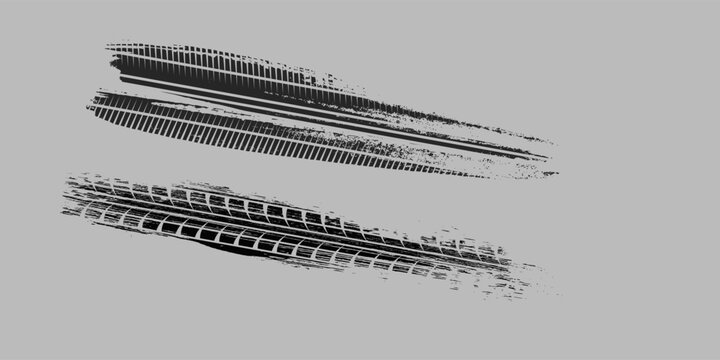 Tire trace track. Abstract wheels braking distances, tread silhouettes brushes. Isolated car or motorcycles vector trails. eps10 vector