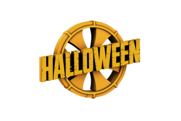 Halloween logo in bold orange font with black shadows on a circular background with radial lines in bright warm lighting for holiday design