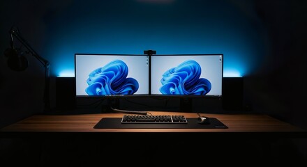 Minimalist Tech Setup with Dual Monitors and RGB Soft Glow