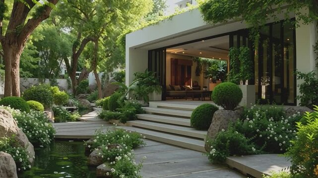 Serene Garden Escape: An expansive, meticulously landscaped garden, blending natural elements with modern architectural design, creating a tranquil oasis of peace and beauty.