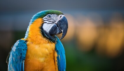 Fototapeta premium close up of blue and yellow macaw parrot perched on branch with colorful feathers