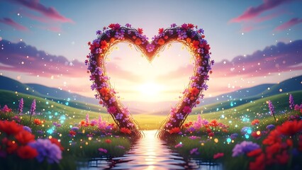 Heart-shaped floral gateway at sunset